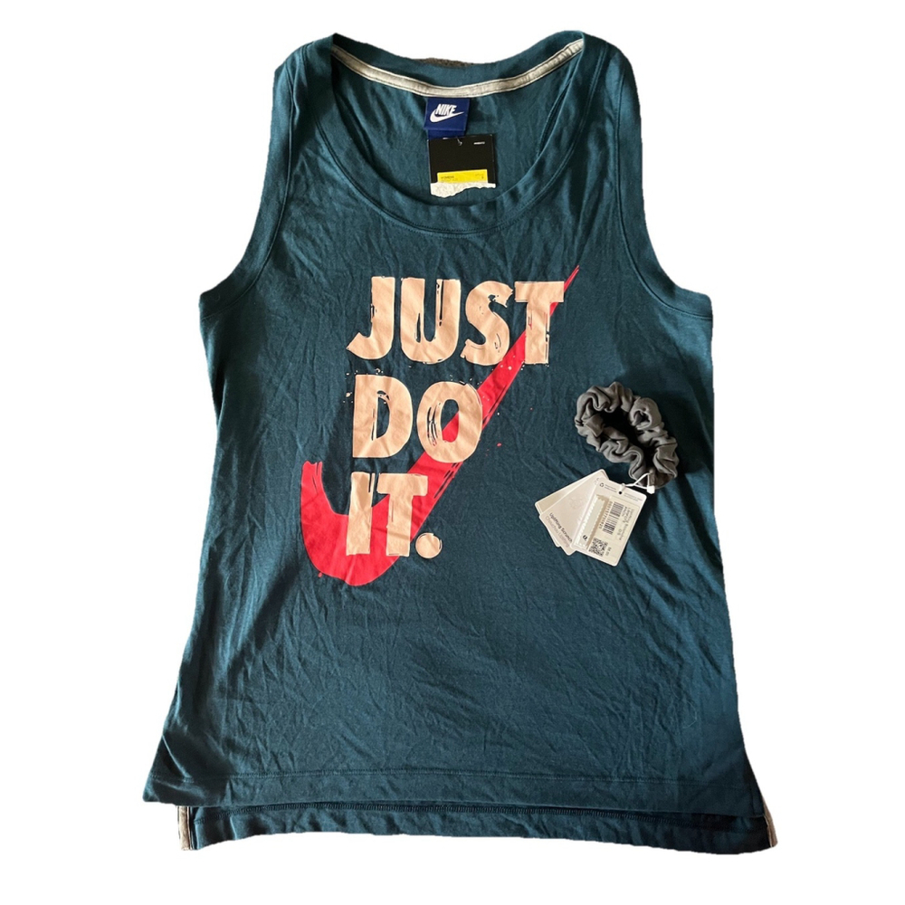 Nike Women’s “Just Do It” Swoosh Teal Dri-Fit Graphic Tee Tank Top Small NWT